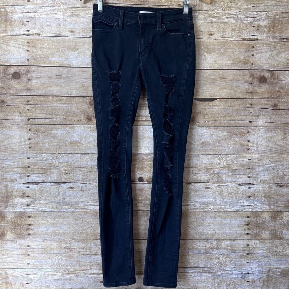 Levis 711 Skinny Jeans Womens 25 Black Distressed Ripped Denim Mid‎ Rise Pants